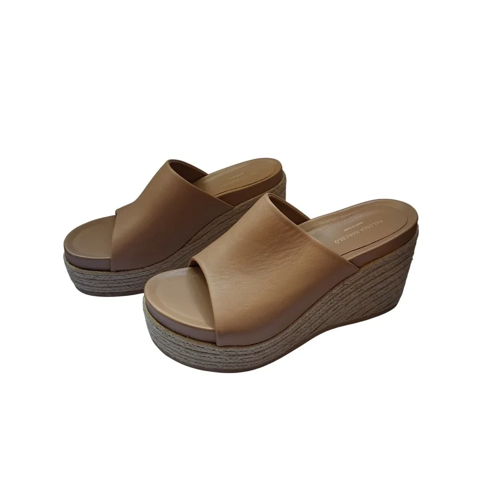 Paloma Barcelo Tan Leather Espadrille Platform Wedge Sandals Mules Spain Size 40